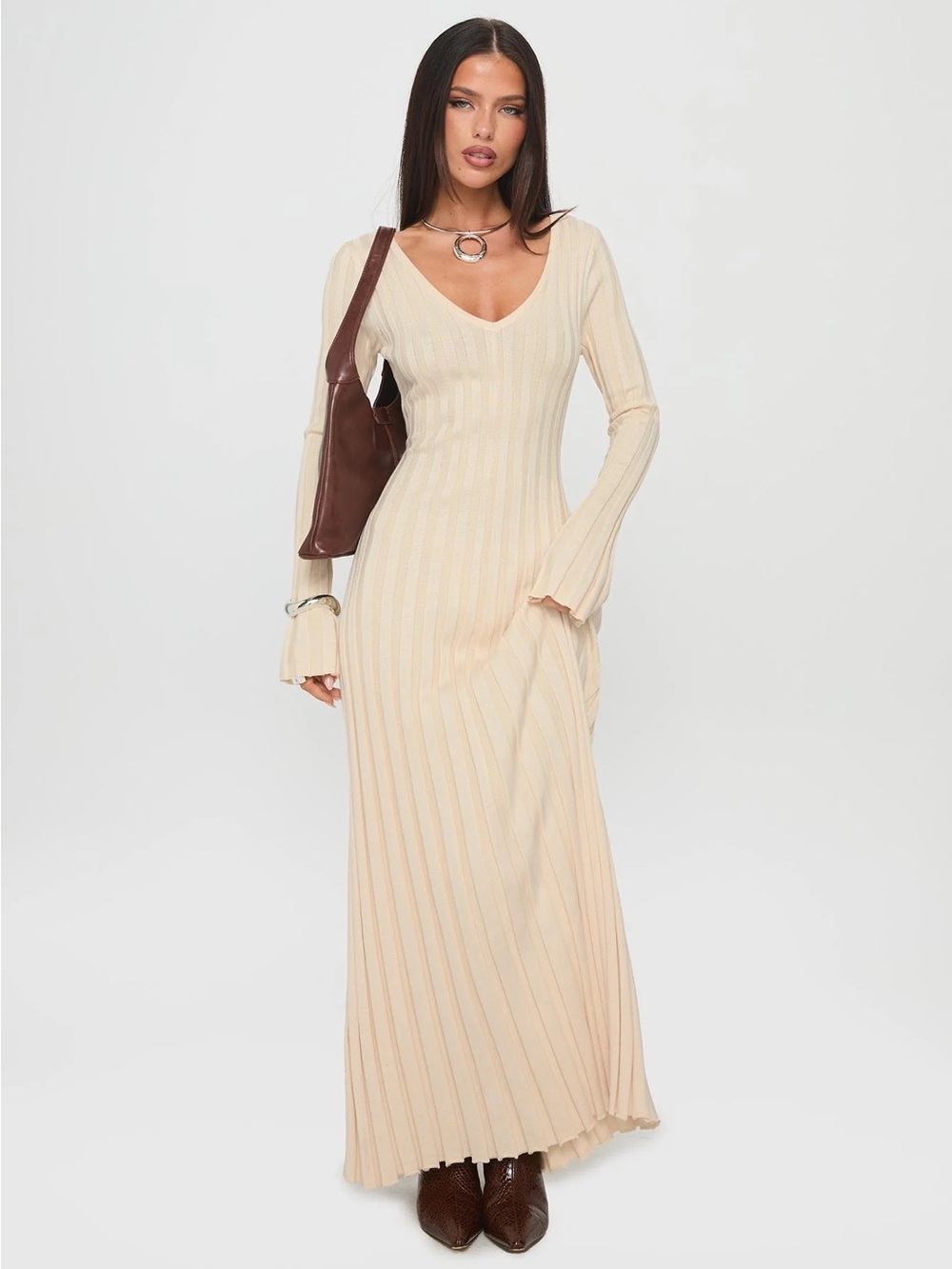 Princess Polly Gratuita Long Sleeve Rib Maxi Dress Cream